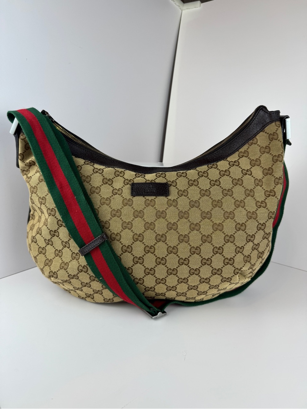 GUCCI Web Large Halfmoon Hobo Shoulder GG Canvas Brown